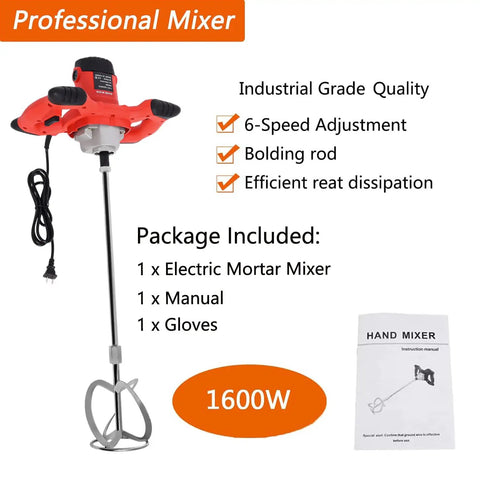 Heavy Duty Cement Mixer 1600W 110V Adjustable 6 Speed Concrete Mortar Drill Mixer for Home Projects Handheld Plaster Grout Tool