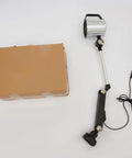 Heavy Duty Long Arm Machine Work Light, 18W LED With Multi-Joint Adjustable Design beside its packaging on a white background.