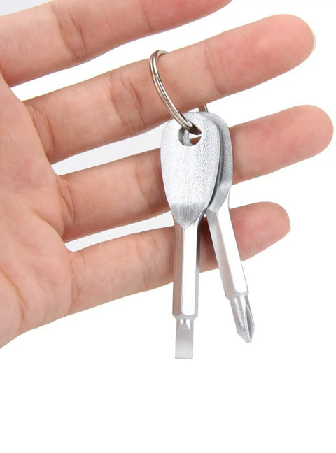 Two Pack Mini Key Shape Screwdriver Set With Flathead And Phillips Bits, Stainless Steel Key Chain Tools held in hand