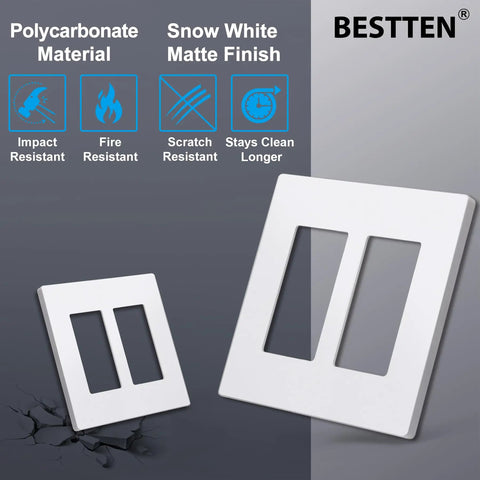 Matte Snow White 2 Gang Screwless Wall Plate Decorator Outlet Cover for light switch, polycarbonate, scratch-resistant