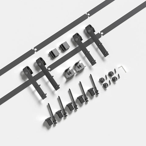 Six Foot Double Barn Door Track Kit For Smooth Quiet Sliding Cabinets 72 Inch Rail with black hardware components