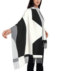 Black And White Piano Grid Long Scarf With Casual Fringe Edge, 77.6x28.3 inch, plush wrap worn by model.