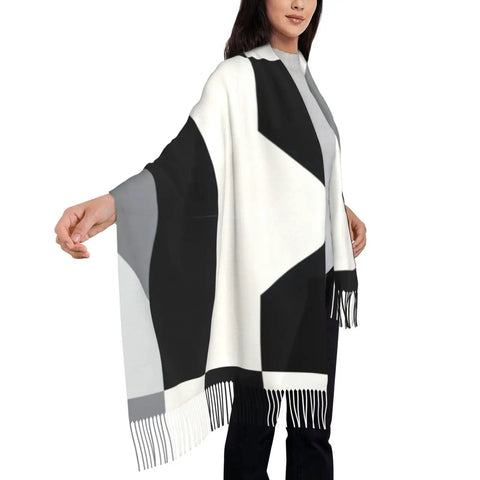 Black And White Piano Grid Long Scarf With Casual Fringe Edge, 77.6x28.3 inch, plush wrap worn by model.