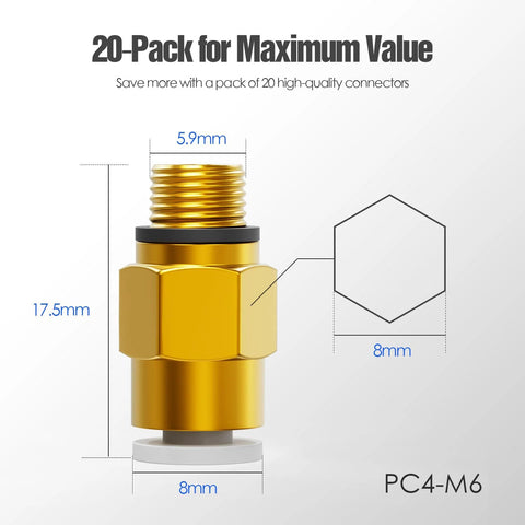 PC4-M6 Bowden PTFE tube connector, gold push-to-connect fitting for 1.75mm filament, front view