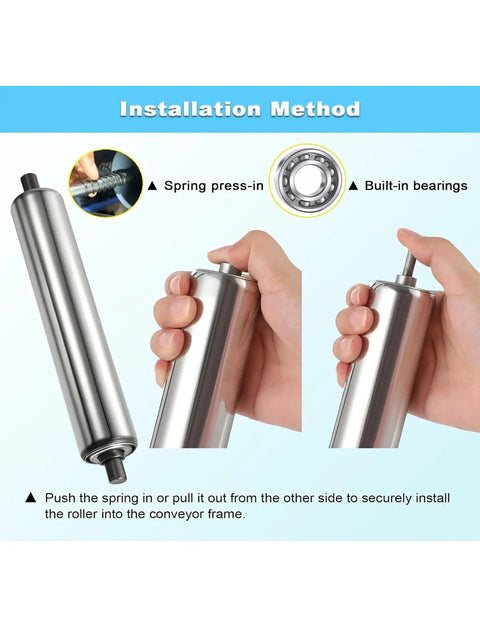 Stainless Steel Conveyor Rollers 1 Inch Diameter Unpowered Slide Roller For Mower DIY Projects shown with installation steps.