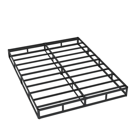 Heavy Duty Queen Box Spring 7 Inch Metal Frame Mattress Foundation Bed Base, black steel construction with reinforced slats.