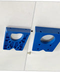 Blue Gadpiparty hinge bore hole positioner for cabinet hinges, plastic jig, front view
Blue Gadpiparty hinge bore hole positioner, plastic jig with mounting holes, side view
