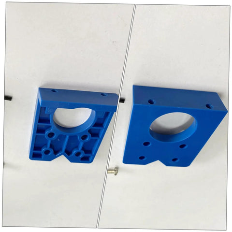 Blue Gadpiparty hinge bore hole positioner for cabinet hinges, plastic jig, front view
Blue Gadpiparty hinge bore hole positioner, plastic jig with mounting holes, side view