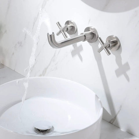 Wall Mounted Bathroom Sink Faucet With 360 Degree Rotating Nozzle, Dual Cross Handles, Thick Valve, Brushed Nickel Finish