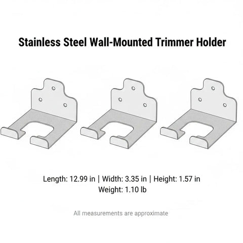 Wall Mount For String Trimmers And Weed Eaters Vertical Garage And Shed Tool Holder in stainless steel, dimensions 12.99x3.35 in