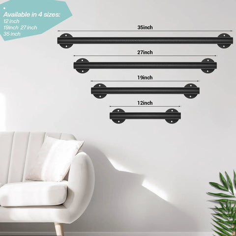 One Foot Matte Black Indoor Stair Railing And Short Metal Handrail Built Tough As Nails With Heavy Steel Pipe and Galvanized Brackets, shown in four sizes on wall.