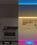 Before and after installation of RGBWW Smart LED Strip Lights 32.8ft Tunable White 3000K To 6500K Plus RGB WiFi Color Changing Strips in kitchen.