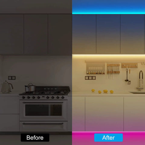 Before and after installation of RGBWW Smart LED Strip Lights 32.8ft Tunable White 3000K To 6500K Plus RGB WiFi Color Changing Strips in kitchen.