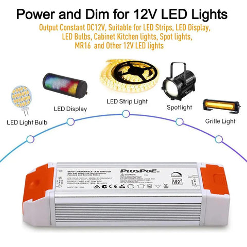 60W Dimmable LED Driver For 12V Strip Lights And Modules, Easy Install No Fuss, Smooth Flicker Free Dimming, Works With Lutron And Leviton Switches, Converts 120V AC To 12V DC, Triac ELV MLV Compatible Power Supply For Home Or Bar Ambience. 60W 12V DC LED driver for strip lights, modules, bulbs, and spotlights