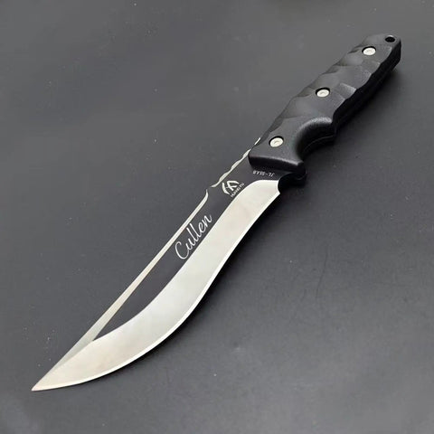 Full Tang Fixed Blade Knife With Two Tone Black And White Blade, Custom Laser Engraving, Nylon Sheath Included, angled view on black surface