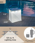 Go To Solar Camping Lantern With 8 Color Modes and Twist to Inflate LED Lamp shown inflated by pool with light coverage diagram