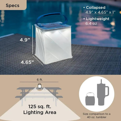 Go To Solar Camping Lantern With 8 Color Modes and Twist to Inflate LED Lamp shown inflated by pool with light coverage diagram