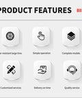 Product features icons for Heavy Duty Industrial Telescopic Boom Handler Forklift With Smart Transmission And Active Auto Leveling Frame.