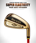 Pro Grade Mens Golf Iron Set Featuring Heavy Duty Stainless Heads And Responsive Carbon Shafts Built For Explosive Distance showing gold iron club head.