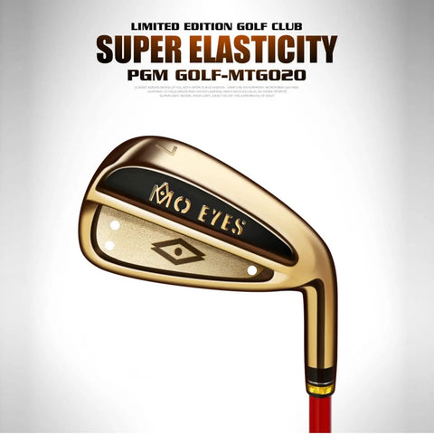 Pro Grade Mens Golf Iron Set Featuring Heavy Duty Stainless Heads And Responsive Carbon Shafts Built For Explosive Distance showing gold iron club head.