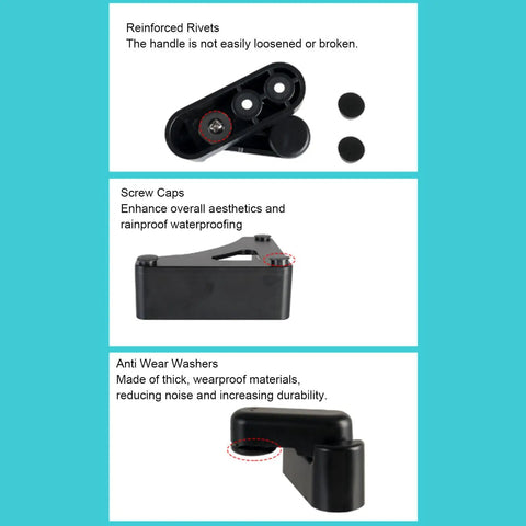 Hella Secure Rv Table Board Buckle Kit Featuring 180 Degree Rotating Lock Clips And Heavy Duty Triangle Brackets In Black showing components like screw caps and rivets.