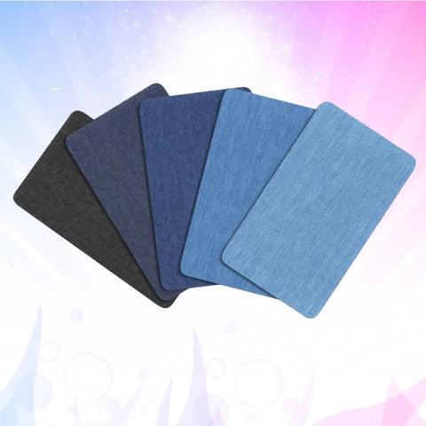 Badass Adhesive Jean Repair Patches 5 Piece Set Featuring Rad Designs Perfect For Fixing Tattered Denim Jeans And Jackets Quick Iron On Stickers And Seamless Sewing Hacks in assorted colors.