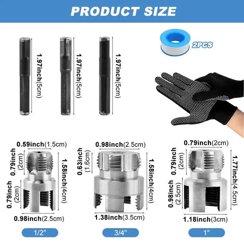 Pipe Threading Tool Kit For One Half, Three Quarter, And One Inch Pipes, Dual Internal And External Threaders, dimensions display