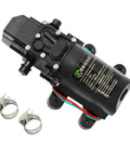 12 Volt Fresh Water Pump For RV Camper Boat And Lawn With Self Priming Diaphragm, 4.5 Liters Per Minute Flow And 110 Psi Adjustable Switch shown with two hose clamps
