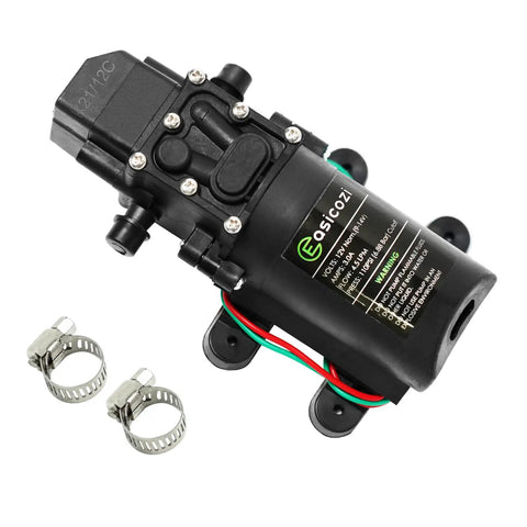 12 Volt Fresh Water Pump For RV Camper Boat And Lawn With Self Priming Diaphragm, 4.5 Liters Per Minute Flow And 110 Psi Adjustable Switch shown with two hose clamps