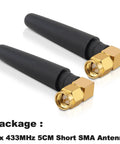 Two-pack of black 433MHz Omnidirectional SMA Male 3dBi Thumb Antenna for Ham Radio and LoRa IoT Smart Home Sensors.