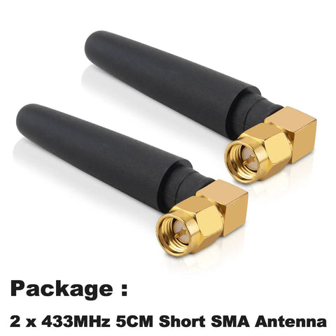 Two-pack of black 433MHz Omnidirectional SMA Male 3dBi Thumb Antenna for Ham Radio and LoRa IoT Smart Home Sensors.