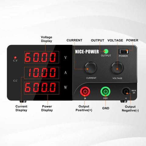 Beefy 600W Benchtop DC Power Supply 0 to 60V 0 to 10A with Encoder Knob and Output Switch High Power Adjustable Switching Regulated Bench Power Supply for Repair and Testing with 4 Digit Backlit Display, front view