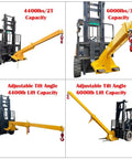Boss Grade 3 Ton Forklift Jib Boom Crane Adapter With Smooth Zero To Seventy Five Degree Tilt And Extending Seven To Twelve Foot Telescopic Stick Paired With Dual Heavy Duty Carabiners For Quick Site Rigging on forklifts with adjustable angles and capacities.