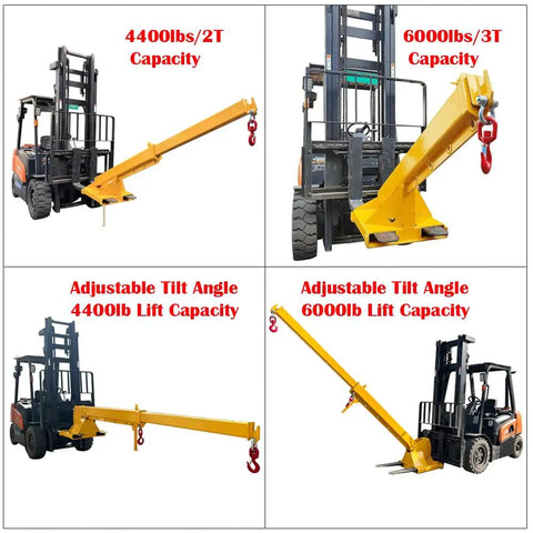 Boss Grade 3 Ton Forklift Jib Boom Crane Adapter With Smooth Zero To Seventy Five Degree Tilt And Extending Seven To Twelve Foot Telescopic Stick Paired With Dual Heavy Duty Carabiners For Quick Site Rigging on forklifts with adjustable angles and capacities.