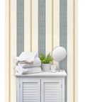 Custom Printed Leather Textured Vinyl Wallpaper Top Notch Heavy Duty Wallcovering with elegant striped design in bathroom setting.
