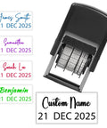 Straight Up Slick Custom Business Date Stamp With Your Personalized Name And Signature, Dope Self Inking Refillable Seal For Signing Contracts And Invoices Daily, Five Vibrant Ink Colors - Personalized names and dates displayed.