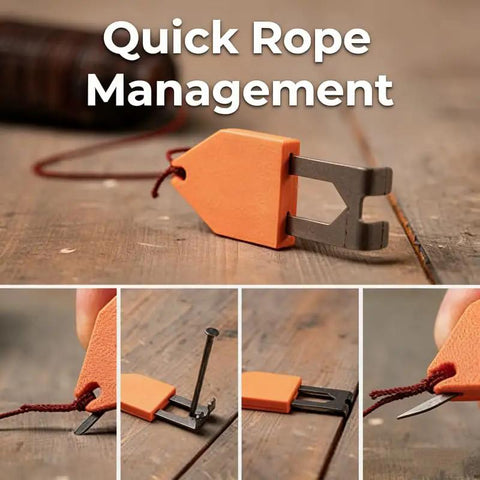 Collage showing Rope Anchor Hook One Handed Fixing Power For Quick Carpentry And Home Renovation in use on a wooden surface.