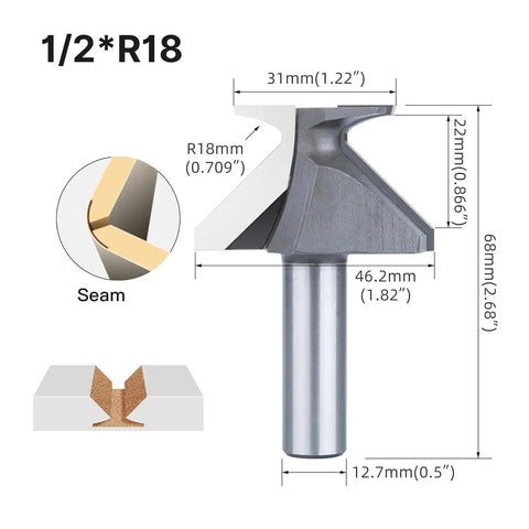 Premium Arc Bending Router Bit For Seamless R18 Radius Cuts With 2 Inch Shank And Solid Tungsten Steel Construction, showing dimensions and seamless design.