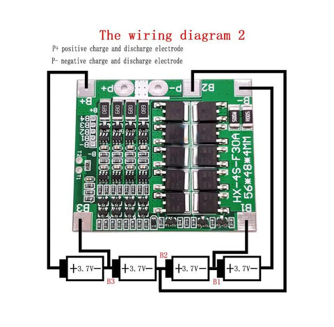 Wiring diagram of Straight Up Badass 14.8V 4S BMS Protection Board For 18650 Lithium Batteries, 56x48mm size.