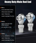 Heavy Duty Male Rod End made of 4130 Chromoly steel; features 52100 bearing steel ball, precision ground, heat treated.