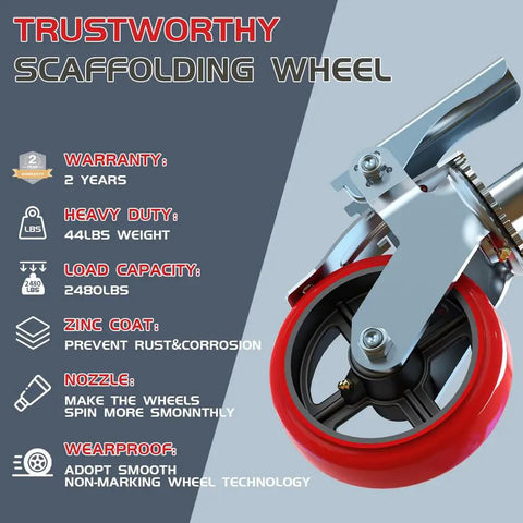 Badass Heavy Duty Eight Inch Scaffolding Caster Wheels Set Of Four featuring a solid wheel design with 2480 lbs weight capacity, 360-degree swivel.
