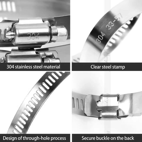 9 Inch Stainless Steel Hose Clamps Set Adjustable Metal Worm Gear Clamp Kit showing close-up of material, stamp, design, buckle