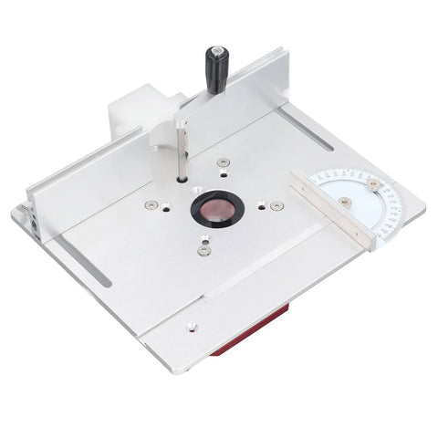 Router Lift Base Kit For Precision Woodworking, Aluminum Table Insert Plate With 0-54mm Height Adjustment, Easy Clamping, Pro Grade Durable Alloy Build For Small Trim Routers And DIY Workshops shown with angle gauge