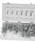 Fresh 150 Pcs R Shaped Cotter Pins Carbone Steel Spring Retaining Fasteners mixed sizes organized in clear storage box.