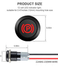 Product size diagram of 4 Pack Waterproof 12V 24V LED Indicator Lights For Vehicle Panel Mount Half Inch Cutout Metal Housing
