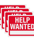 Now Hiring Signs 12x9 Waterproof Plastic For Businesses Bright Red And Bold Outdoor Indoor Use Pack Of Four Weatherproof Signs Designed To Attract Fast Applicants And Boost Hiring featuring bold 'Help Wanted' text in white on red background.