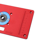 Heavy Duty Aluminum Router Table Insert Plate With Fast Align Center Bushing For Woodwork Stations, 240x120mm, red with measurements.