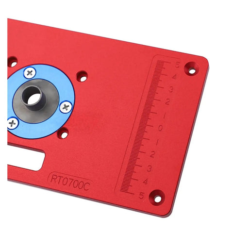 Heavy Duty Aluminum Router Table Insert Plate With Fast Align Center Bushing For Woodwork Stations, 240x120mm, red with measurements.