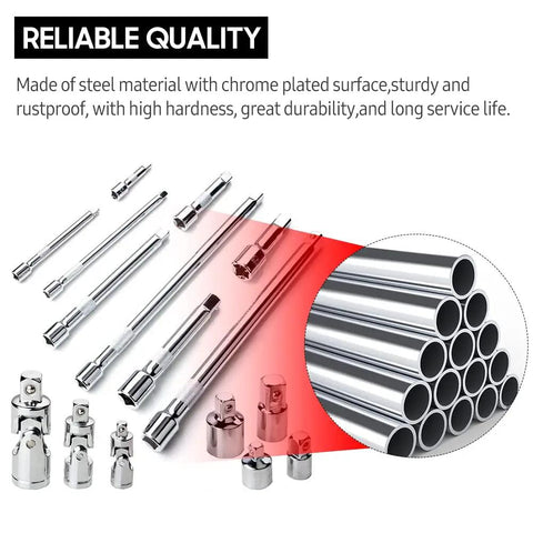 Ultimate 16-Inch Chrome Socket Extension Kit With 4 Adapters And 3 Universal Joints For 1/4 3/8 And 1/2 Inch Drive Auto Garage Repair Projects That Hit The Spot chrome steel extensions and adapters