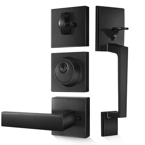 Matte Black Front Door Handle Set With Single Cylinder Deadbolt And Exterior Lever Lock For Home Or Office Modern Zinc Alloy Build